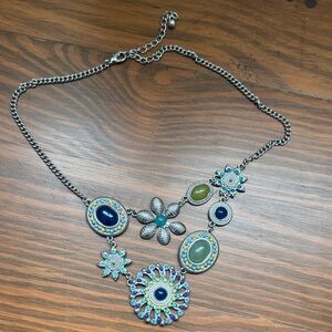 Bohemian Blue & Green Gemstone Flower Statement Necklace